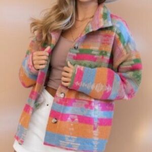 Multicolor Patterned Women's Jacket/Shacket - Bright Stripe Design